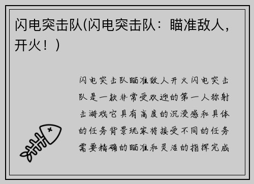 闪电突击队(闪电突击队：瞄准敌人，开火！)